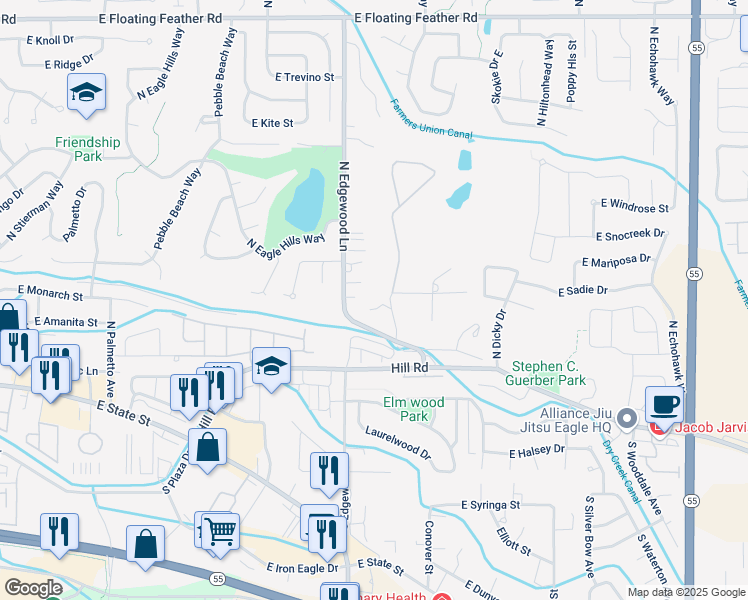 map of restaurants, bars, coffee shops, grocery stores, and more near 325 North Harvey Lane in Eagle
