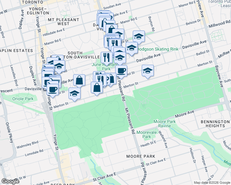 map of restaurants, bars, coffee shops, grocery stores, and more near 319 Merton Street in Toronto