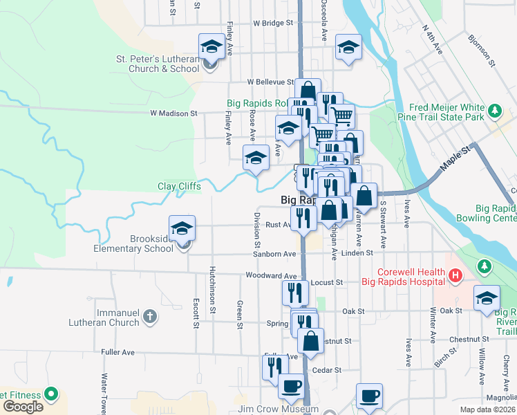 map of restaurants, bars, coffee shops, grocery stores, and more near 102 Division Street in Big Rapids