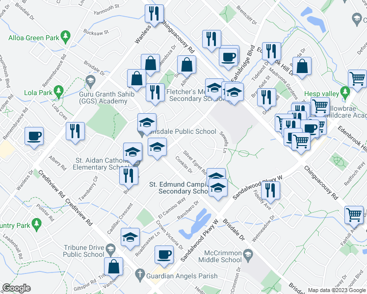 map of restaurants, bars, coffee shops, grocery stores, and more near 43 Silver Egret Road in Brampton