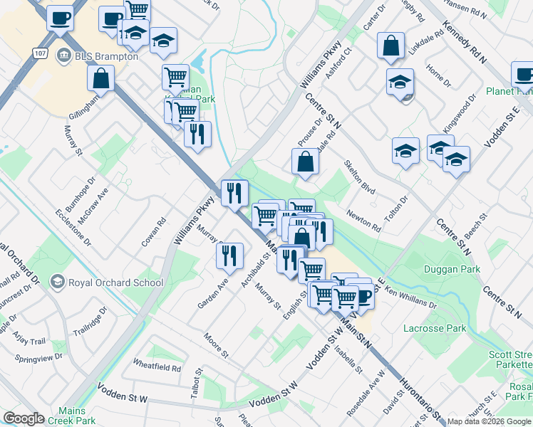map of restaurants, bars, coffee shops, grocery stores, and more near 37 Tara Park Crescent in Brampton