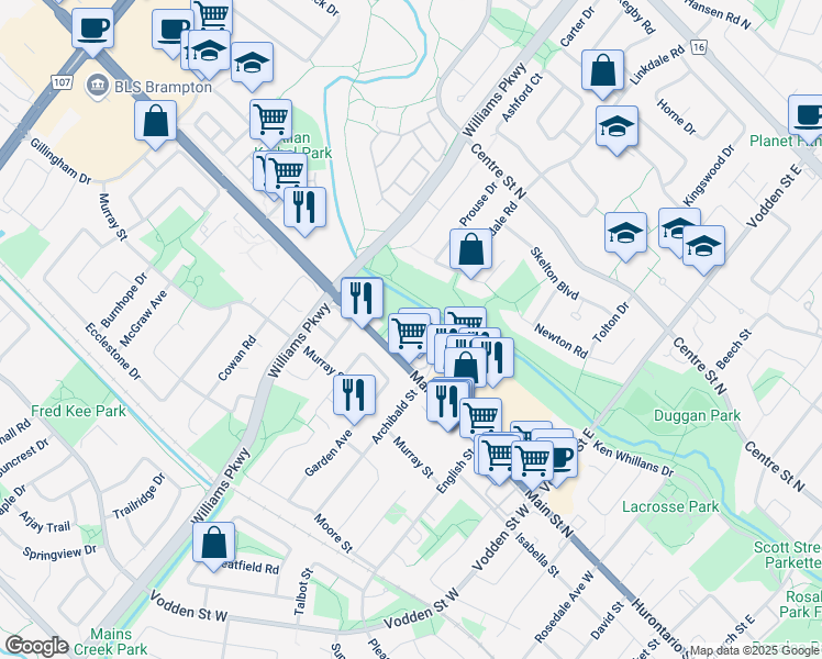 map of restaurants, bars, coffee shops, grocery stores, and more near 37 Tara Park Crescent in Brampton