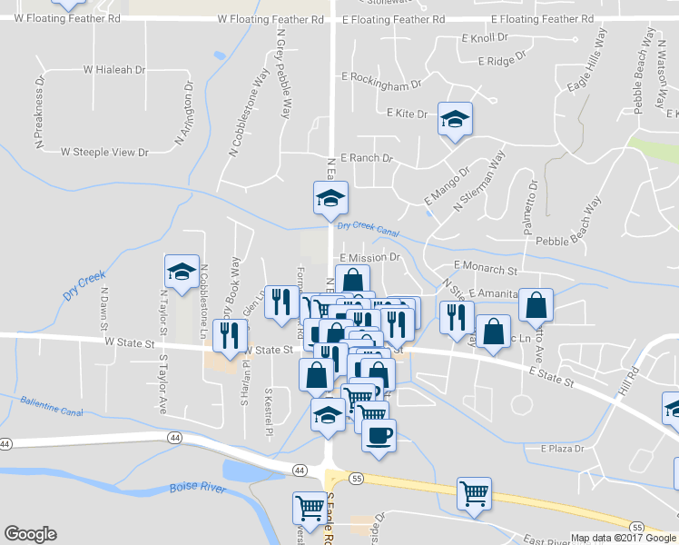 map of restaurants, bars, coffee shops, grocery stores, and more near 368 North Eagle Road in Eagle