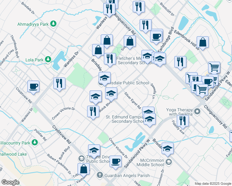 map of restaurants, bars, coffee shops, grocery stores, and more near 109 Botavia Downs Drive in Brampton