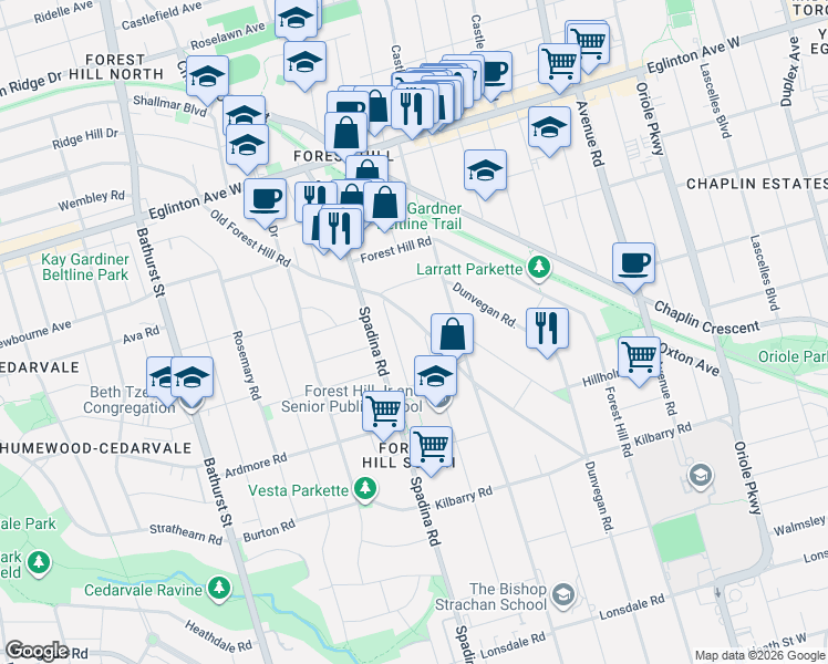 map of restaurants, bars, coffee shops, grocery stores, and more near 59 Old Forest Hill Road in Toronto