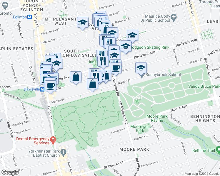 map of restaurants, bars, coffee shops, grocery stores, and more near 270 Merton Street in Toronto