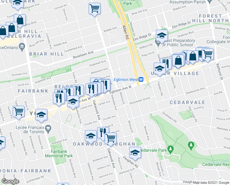 map of restaurants, bars, coffee shops, grocery stores, and more near 1493A Eglinton Avenue West in Toronto