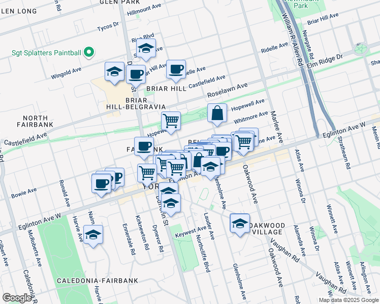 map of restaurants, bars, coffee shops, grocery stores, and more near 186 Belgravia Avenue in Toronto