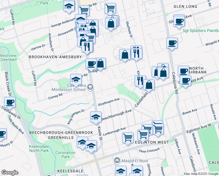 map of restaurants, bars, coffee shops, grocery stores, and more near in Toronto