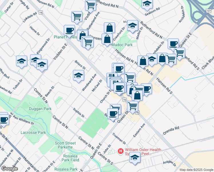 map of restaurants, bars, coffee shops, grocery stores, and more near in Brampton