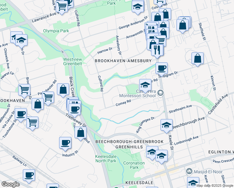 map of restaurants, bars, coffee shops, grocery stores, and more near in Toronto
