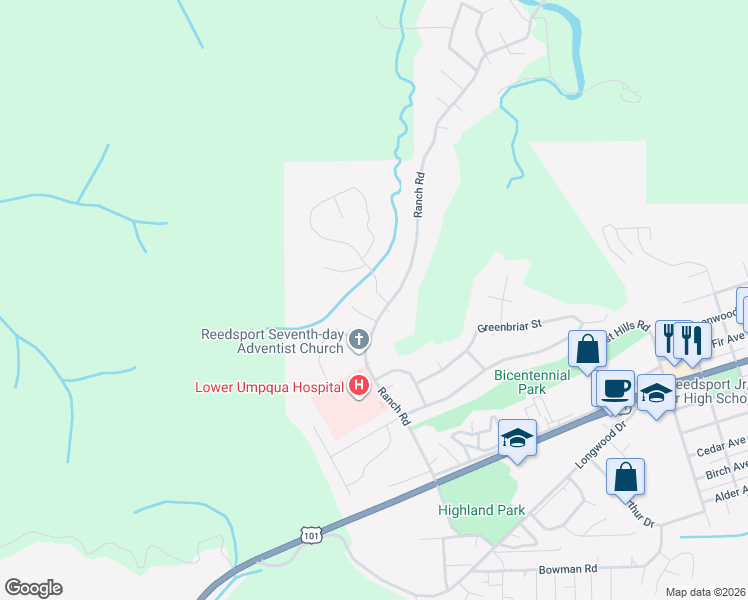 map of restaurants, bars, coffee shops, grocery stores, and more near 114 Providence Drive in Reedsport
