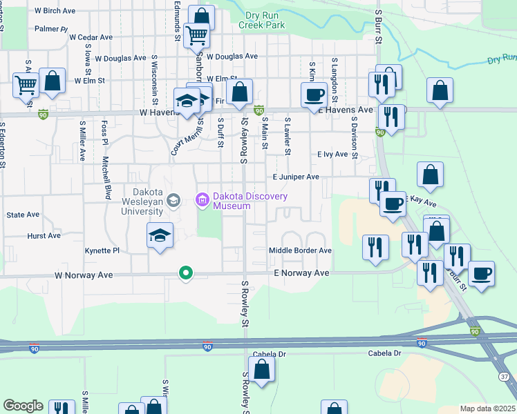 map of restaurants, bars, coffee shops, grocery stores, and more near 109 Andrews Street in Mitchell