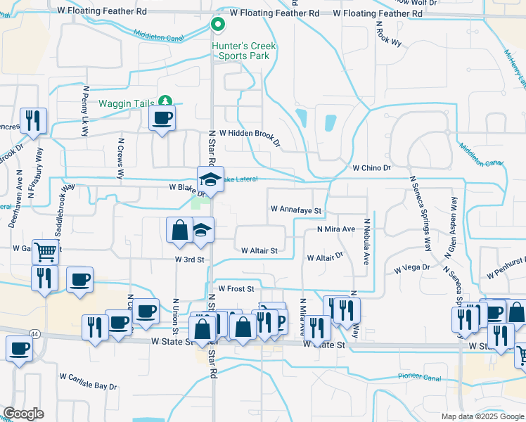 map of restaurants, bars, coffee shops, grocery stores, and more near 671 North Celeste Avenue in Star