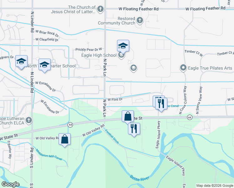map of restaurants, bars, coffee shops, grocery stores, and more near 3850 West Flint Drive in Eagle