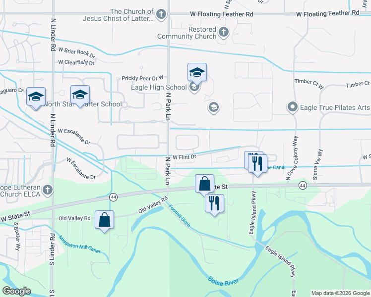 map of restaurants, bars, coffee shops, grocery stores, and more near 3850 West Flint Drive in Eagle