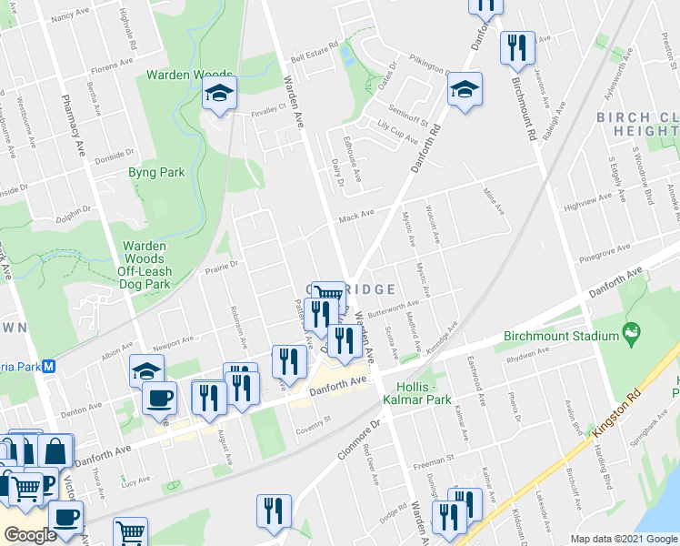 map of restaurants, bars, coffee shops, grocery stores, and more near 580 Warden Avenue in Toronto