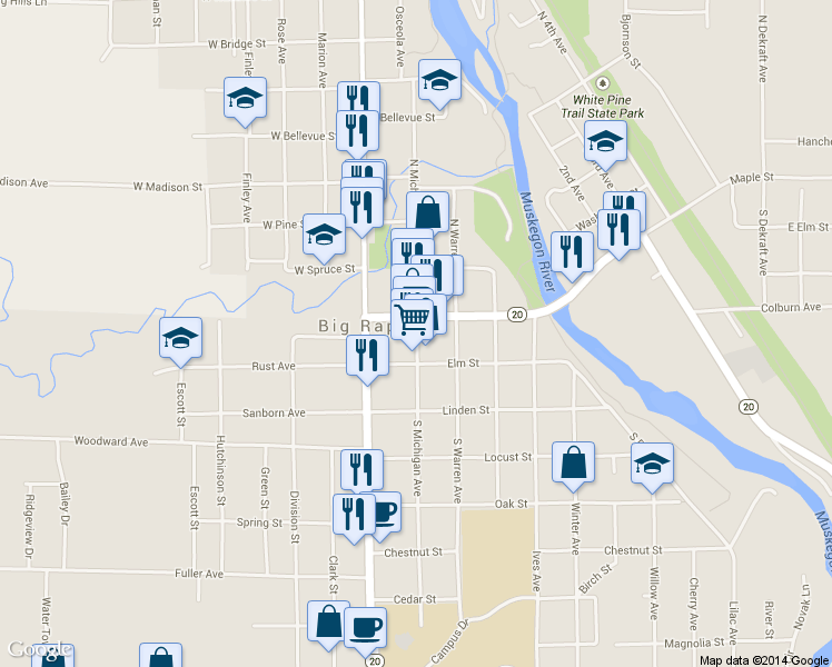 map of restaurants, bars, coffee shops, grocery stores, and more near 111 South Michigan Avenue in Big Rapids