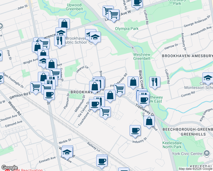 map of restaurants, bars, coffee shops, grocery stores, and more near 6 Parkchester Road in Toronto