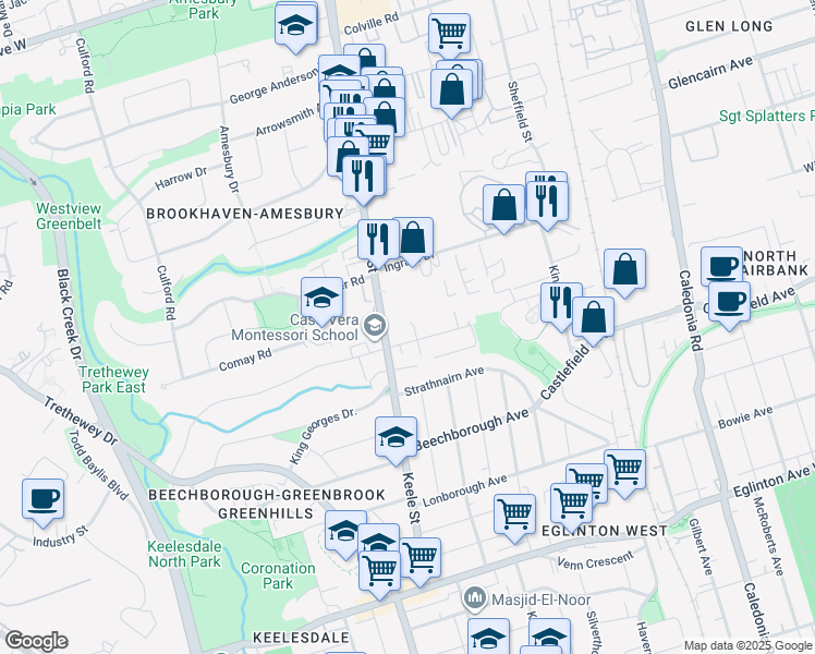 map of restaurants, bars, coffee shops, grocery stores, and more near 150 Canon Jackson Drive in Toronto