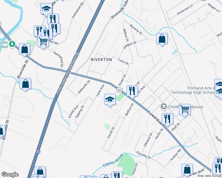 map of restaurants, bars, coffee shops, grocery stores, and more near 8 Farnham Street in Portland