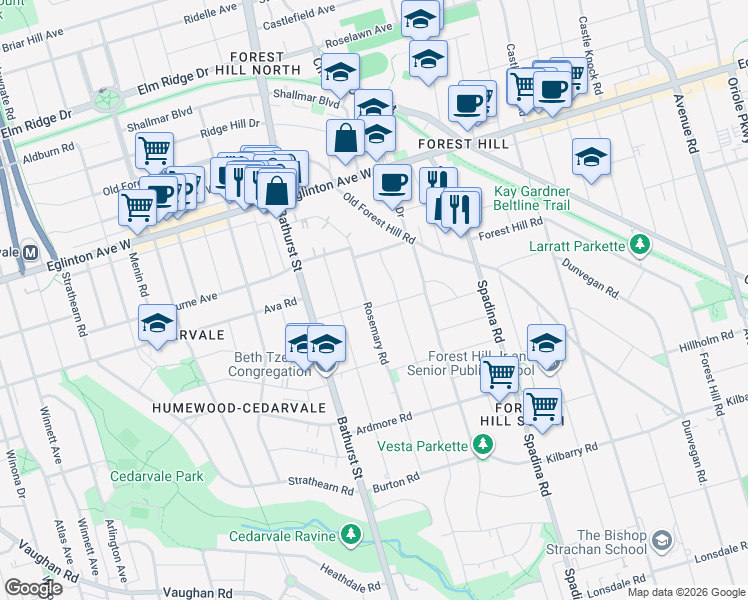 map of restaurants, bars, coffee shops, grocery stores, and more near in Toronto