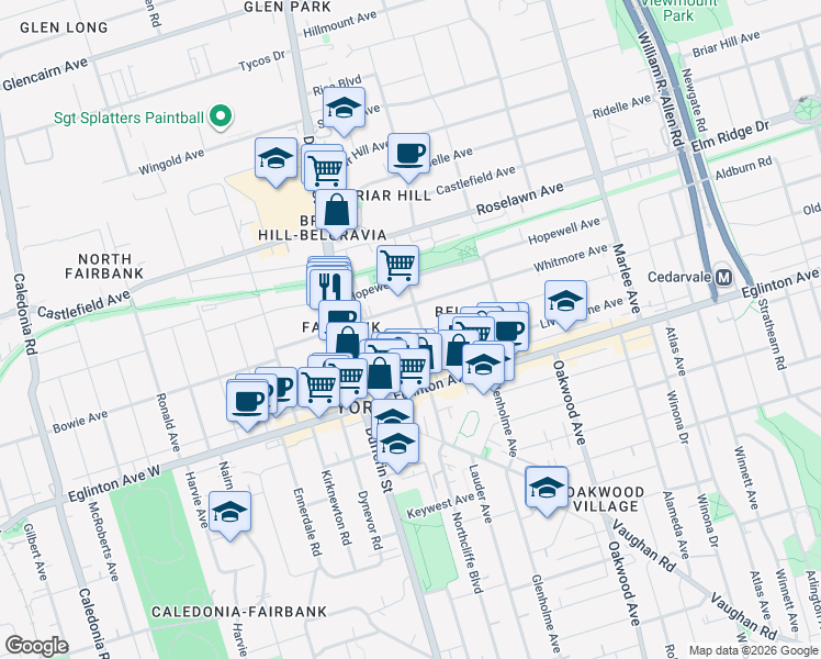 map of restaurants, bars, coffee shops, grocery stores, and more near 206 Belgravia Avenue in Toronto
