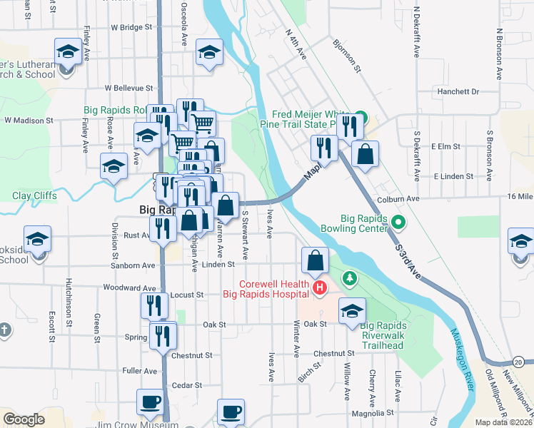 map of restaurants, bars, coffee shops, grocery stores, and more near 118 Ives Avenue in Big Rapids