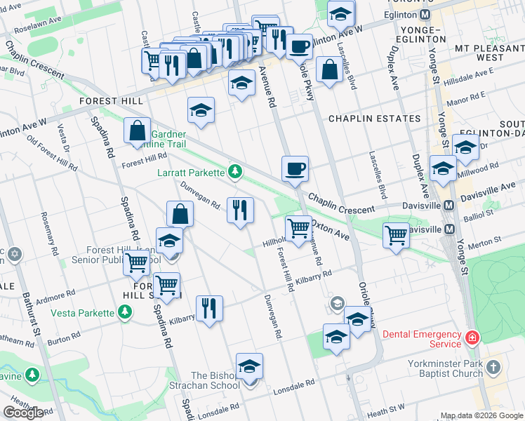 map of restaurants, bars, coffee shops, grocery stores, and more near in Toronto