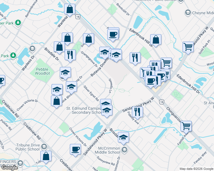 map of restaurants, bars, coffee shops, grocery stores, and more near 45 Trumpet Valley Boulevard in Brampton