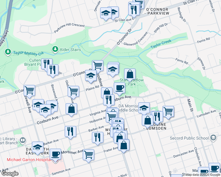 map of restaurants, bars, coffee shops, grocery stores, and more near 11 Bracebridge Avenue in Toronto
