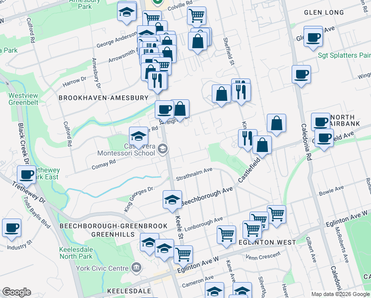 map of restaurants, bars, coffee shops, grocery stores, and more near 130 Canon Jackson Drive in Toronto
