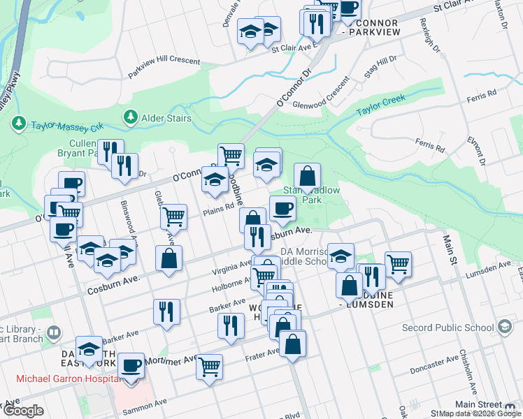 map of restaurants, bars, coffee shops, grocery stores, and more near in Toronto