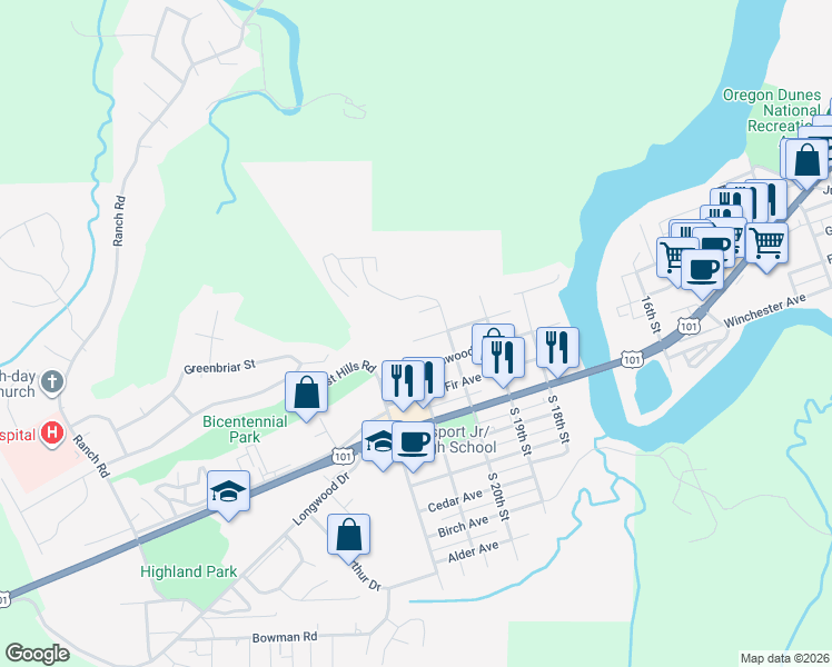 map of restaurants, bars, coffee shops, grocery stores, and more near 2091 Hawthorne Avenue in Reedsport