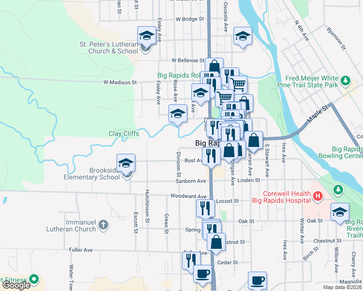 map of restaurants, bars, coffee shops, grocery stores, and more near 254 Mill Street in Big Rapids