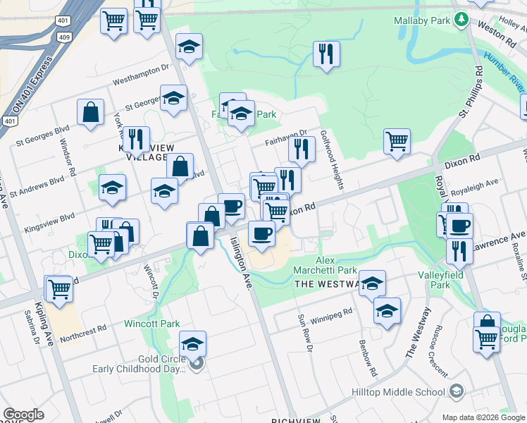 map of restaurants, bars, coffee shops, grocery stores, and more near 222 Dixon Road in Toronto