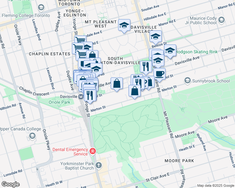 map of restaurants, bars, coffee shops, grocery stores, and more near 155 Balliol Street in Toronto