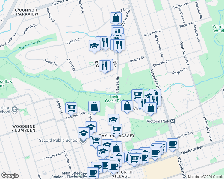 map of restaurants, bars, coffee shops, grocery stores, and more near 7 Park Vista in Toronto