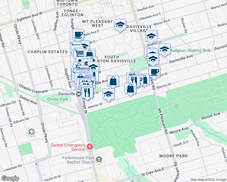 map of restaurants, bars, coffee shops, grocery stores, and more near 155 Balliol Street in Toronto