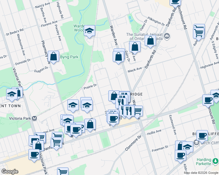 map of restaurants, bars, coffee shops, grocery stores, and more near 86 Patterson Avenue in Toronto