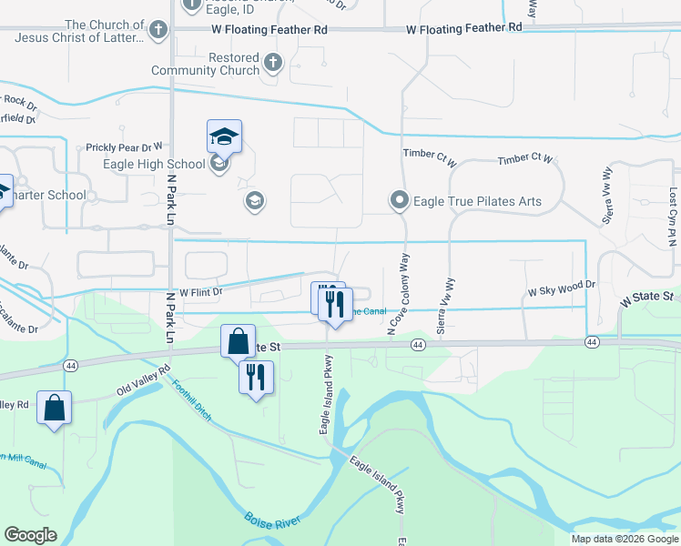map of restaurants, bars, coffee shops, grocery stores, and more near 90 West Flint Drive in Eagle