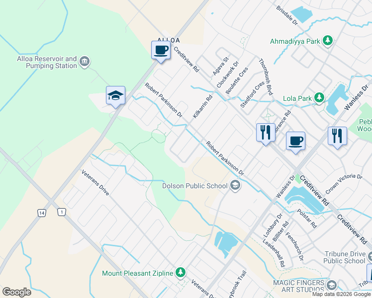 map of restaurants, bars, coffee shops, grocery stores, and more near 19 Frampton Road in Brampton