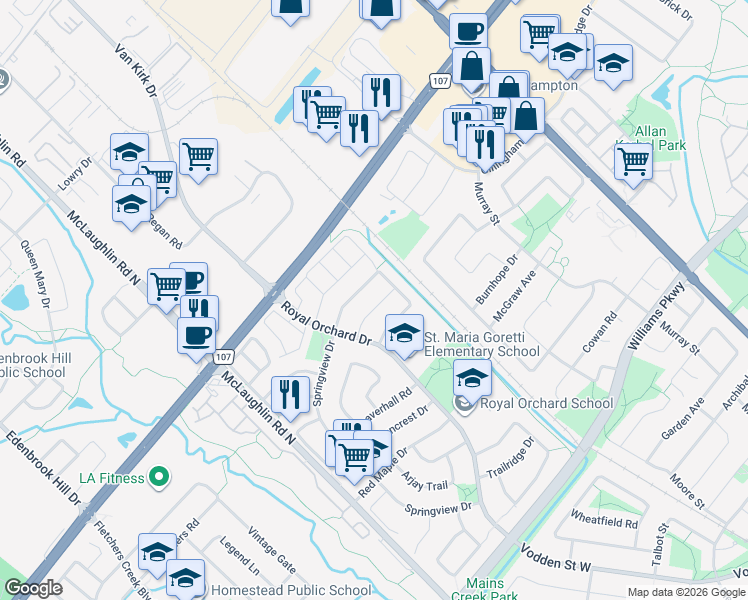 map of restaurants, bars, coffee shops, grocery stores, and more near 30 Banner Road in Brampton