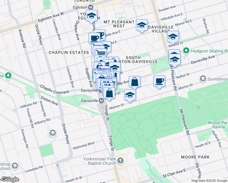 map of restaurants, bars, coffee shops, grocery stores, and more near 44 Balliol Street in Toronto