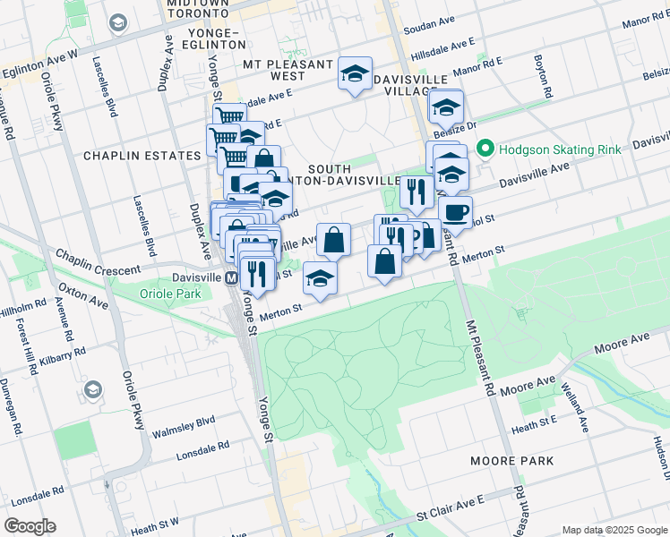 map of restaurants, bars, coffee shops, grocery stores, and more near 155 Balliol Street in Toronto