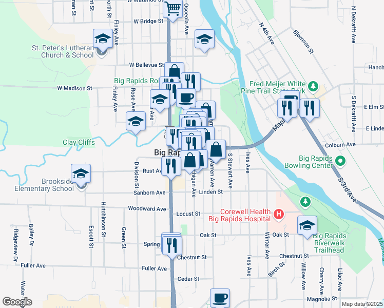 map of restaurants, bars, coffee shops, grocery stores, and more near 108 South Michigan Avenue in Big Rapids