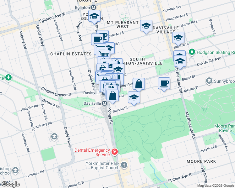 map of restaurants, bars, coffee shops, grocery stores, and more near 44 Balliol Street in Toronto