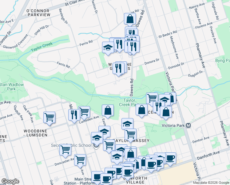 map of restaurants, bars, coffee shops, grocery stores, and more near 4 Park Vista in Toronto