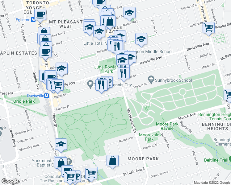 map of restaurants, bars, coffee shops, grocery stores, and more near 270 Merton Street in Toronto