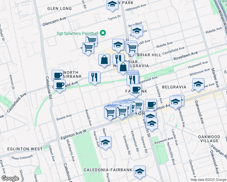 map of restaurants, bars, coffee shops, grocery stores, and more near 96 Fairbank Avenue in Toronto